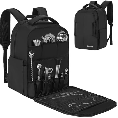 OUUTMEE Bartender Bag, Bartender Kit Travel Backpack for Cocktail Shaker Set, Portable Carrying Bag with Compartments for Wine Bottles, for Travel Home Indoor Outdoor Party(Backpack Only)
