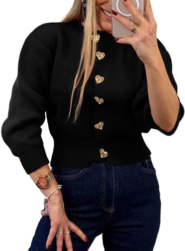 Mieazom Women’s Knit Cardigan Sweater with Heart Buttons, Casual Button Down Knitwear Long Sleeve Cropped Cardigan for Fall Winter Office & Daily Wear Black XL
