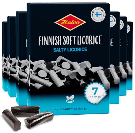 Halva Soft Salzlakritz Geschenkset - Finnisches Salmiak, 7 x 200 g | Hergestellt in Finnland, echter Süßholzwurzelextrakt, pflanzlich, weiche Textur zum Kauen