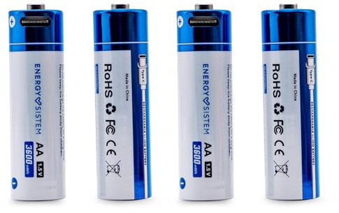 Energy Sistem Charge Pro C AA - Pilas Recargables en Tan Solo 2.5 Horas con Capacidad 3600 mWh / 2400 mAh y Carga Type C