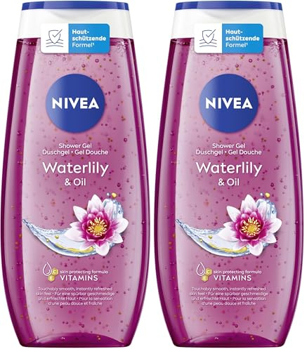 NIVEA Waterlily & Oil Duschgel, pH-hautneutrale Pflegedusche mit frischem Duft nach Wasserlilie, verwöhnende Dusche mit pflegenden Ölperlen (250 ml) (Packung mit 2)