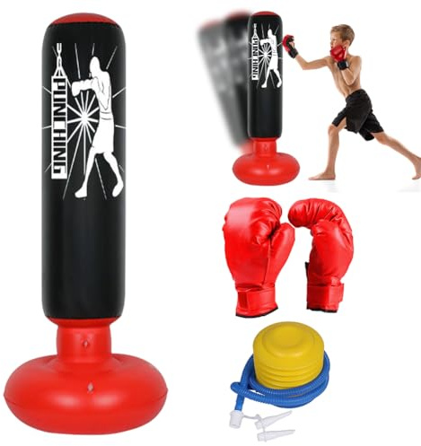 Boxningssäck, Karate-lådor för barn 3–12 år, 160 cm stående boxningspåse, uppblåsbar med boxningshandskar luftpump, presenter för pojkar och flickor, övning av Karate Taekwondo MMA (svart boxsäck)