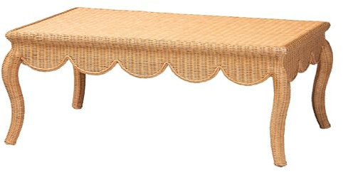 Bali & pari Deborah Natural Rattan Coffee Table - Handwoven Wicker Accent Table with Cabriole Legs, Scalloped Coastal Cottage Living Room Centerpiece