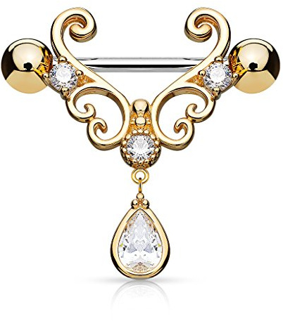 Tata Gisèle Piercing Sein Téton Mamelon en Acier Chirurgical 316L et Oxyde de Zirconium - Coeur en Filigrane avec Goutte d'eau Suspendue -14 mm -(Rosé)