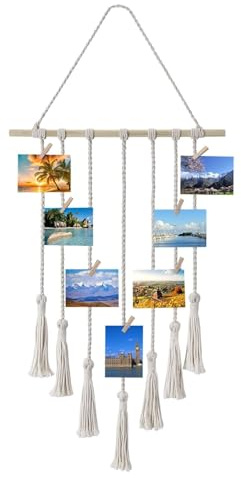 Flexzion Macrame Picture Wall Hanging Display - Polaroid Hanger, Handwoven Boho Photo Hanging Wall Decor, Cotton String Holder Organizer for Photos, Art, and Notes with Wooden Clips