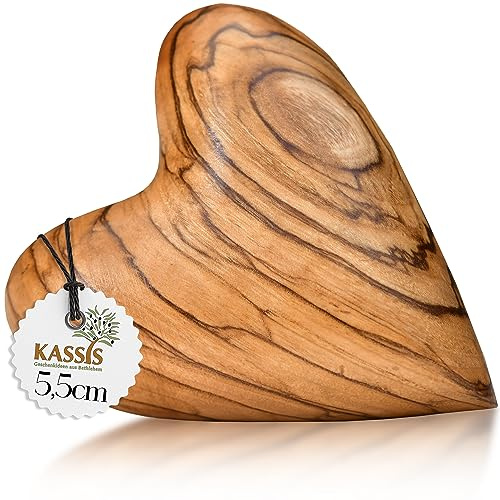 Kassis Geschenkartikel Herz 5,50 cm Handschmeichler aus Olivenholz – handgefertigtes Geschenk aus Bethlehem zur Taufe, Kommunion, Hochzeit, Valentinstag, Muttertag oder als Trostspender (5er Pack)