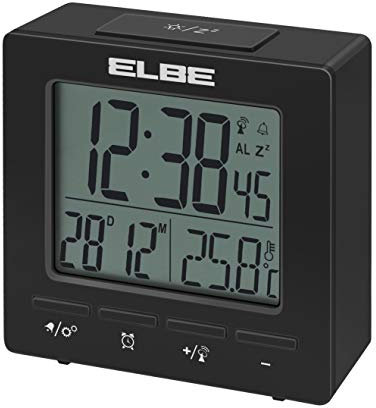 ELBE RD-005-N - Reloj despertador con termómetro; temperatura interior; compacto; pantalla LCD 2.55''; luz de fondo; alarma dual; función snooze; color negro