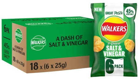 Walkers Less Salt A Dash of Salt and Vinegar Multipack Crisps 6x25g