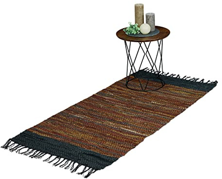 Relaxdays Flickenteppich, 70 x 140 cm, Baumwolle & Leder, Teppichläufer mit Fransen, rutschfest, Fleckerlteppich, braun
