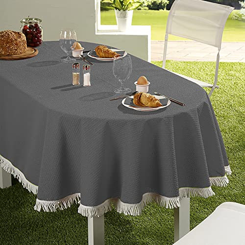 EMHELLE Gartentischdecke Garten Balkon Terrasse Tischdecke Camping Picknick Rund Oval Eckig Außen und Innenbereich Rutschhemmende Oberfläche mit weißen Fransen (150 x 210 cm Oval, Dunkelgrau)