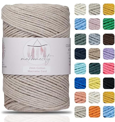 Makromecity Recycled Cotton Cord for Macrame - 2mm x 204yards, 2mm - For Macrame, Art and Crafts, Wall Hangings, Bags, Placemats (25 Colors Available) (latte)