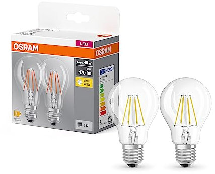 OSRAM BASE CLASSIC A FIL 40 LED-Lampe mit Sockel E27, klassische Kolbenform, Doppelpack, 4W, 470lm, 2700K, warmweißes Licht, geringe Wärmeentwicklung, lange Lebensdauer, geringer Energieverbrauch