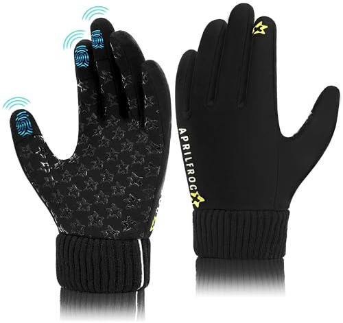 Aprilfrog Winter Kids Warm Sports Gloves: Cold Weather Water-Resistant Touchscreen Fleece Soft Lining Children Outdoor Mittens for Boys Girls Aged 4-12 Black Large
