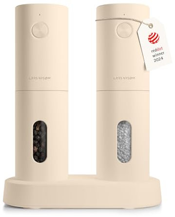 LARS NYSØM Salz und Pfeffer Mühle Elektrisch 2er Set mit einstellbarem Keramik-Mahlwerk von grob bis fein I Design Gewürzmühlenset Automatisch (2 Stück) (Almond Beige)