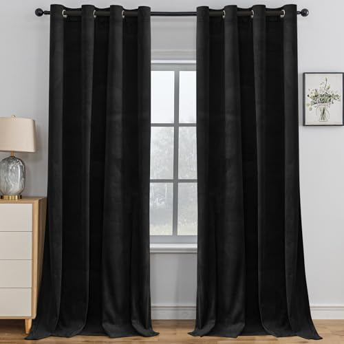 YSTELLAA Cortinas Terciopelo Opacas 2 Piezas, 140×180cm, Cortinas Termicas Aislantes Frio Y Calor, con Ojales, Cortina Acustica, Modernas, para Salon Dormitorio, Negro