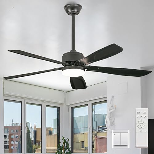 Schwarzes Deckenventilatorlicht Groß 6 Speed leise 52 Zoll industrial deckenventilatoren mit beleuchtung 3 Farbtemperaturen Reversibel Wohnbereich deckenlampe mit ventilator und Fernbedienung timer