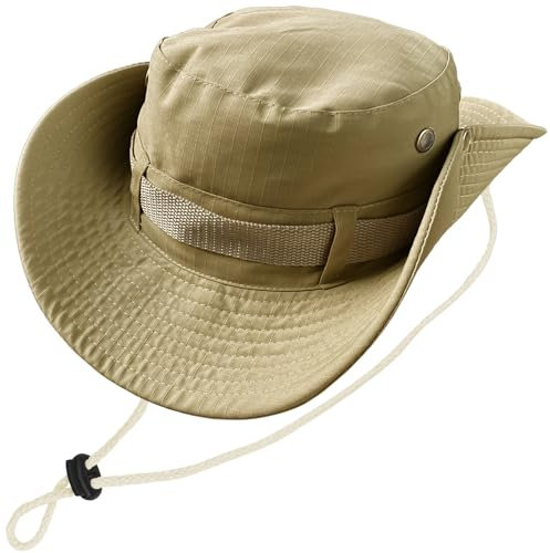 Kugooyi Fischerhüte, Outdoor Safari Hut Herren Klassische Buschhüte Damen Krempe Sonnenhut mit Kinnband Faltbar Eimerkappen Armeekampfstil Wander Garten Jagd Camping Boonie(Helles-Khaki)