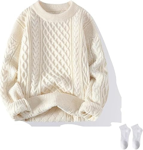 Kabelstickad tröja vintage pullover tröja ledig långärmad unisex rund hals stickad enfärgade toppar, Beige 1, M
