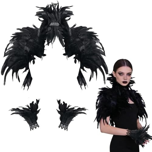 Powmag Federkragen Schwarzer mit 1 Paar Feder Manschetten, Maleficent Kostüm Damen, Federumhang-Schal Schwarz Damen, Gothic Feder Cape, Pfau Kostüm, für Karneval Cosplay Fasching (Schwarz)