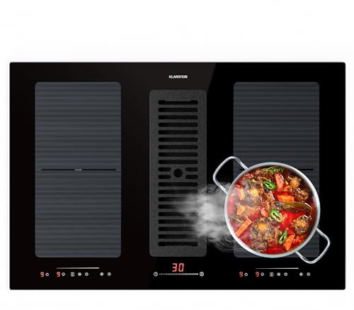 Placa 2 en 1 de Klarstein con extractor integrado, placa de inducción con extractor para isla de cocina, placa con extractor integrado, 391 m³/h de caudal de aire, control táctil, clase energética A+