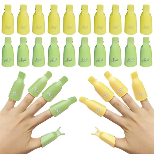 20 Pièces Capuchon Ongle Vernis Semi Permanent, UV Gel Dissolvant Clips Tool, Ongles Outil Dissolvant Clips à Ongles en Acrylique Dissolvant Nail Art Soak off Clips (Jaune/Vert)