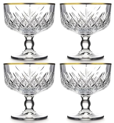 Queensway Home & Dining Dessert Bowls with Gold Rim, Elegant Footed Ice Cream & Fruit Cups, Gift Boxed, Ideal for Trifle, Sorbet & Mousse, Freezer Safe, Hand Wash Only