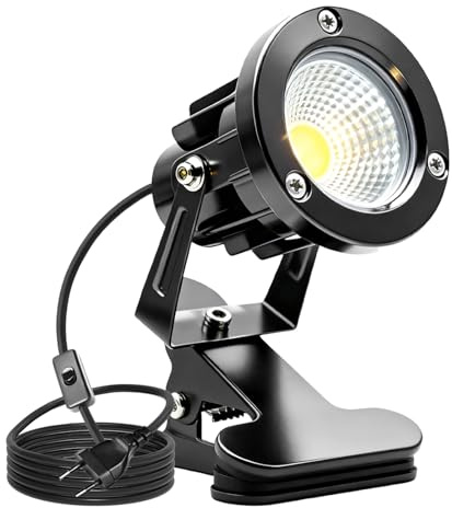 GBKDQQ Projecteur LED à pince avec prise et interrupteur, IP65, étanche, pour intérieur et extérieur, 10 W, avec câble de 1,5 m, pour gazon extérieur (blanc chaud)
