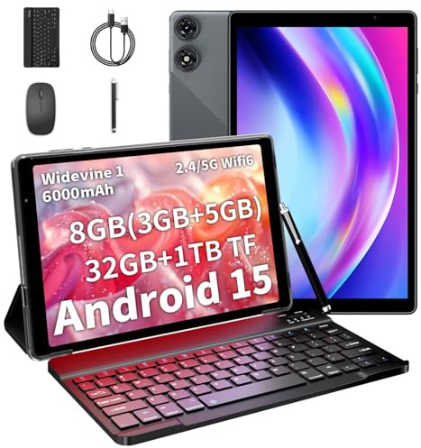 VASOUN Tablet 10 Inch Android 15, 8 GB+32GB ROM(TF 1TB Expandable),4-1 Android Tablets,Five-Core,5G WiFi,6000 Mah,Tablet PC with Keyboard,Mouse,Case, Stylus