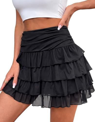 Adigaber Minikjol för kvinnor elastisk midja skiktad tyllkjol med shorts