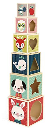 Janod - Baby Forest Holz-Pyramide aus 6 Würfeln, Spielzeug für frühkindliches Lernen, Stapel- und Bauspielzeug, feinmotorische Fähigkeiten und Handhabung, ab 1 Jahr, J08016