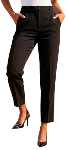 Roman Straight Leg Stretch Trousers for Women UK Ladies Work Office Smart Suit Pants Slacks Cigarette Tailored High Elasticated Waist Ankle Grazer Slim Angela - Regular Black (28 inch) - Size 10