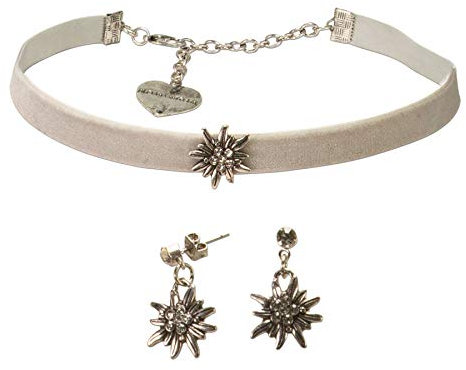 Alpenflüstern Trachtenschmuck-Set Trachten-Samt-Kropfband und Ohrstecker Strass-Edelweiß mini - Damen-Trachten-Schmuck, Trachtenset Trachtenkette und Trachten-Ohrringe grau SET040