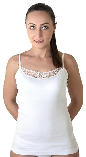 Pacco da 3 Canotta Donna Cotone 100%,Canottiera donna spalla stretta cotone,Canotte intime donna bordo liscio in raso o pizzo macramé, Top donna estivo cotone, corpetto donna intimo (Pizzo/Bianco,2XL)