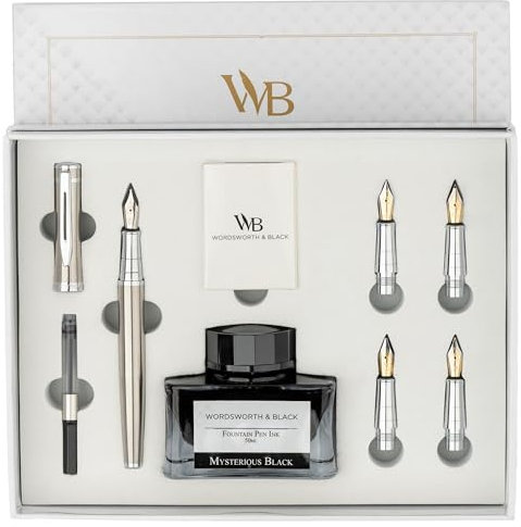 Wordsworth & Black Fountain Pen Gift Set - Ink Bottle, Cartridges, Converter, Replacement Nibs, Premium Package for Journaling, Calligraphy, Smooth Writing [Silver Chrome]