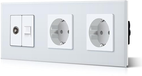 BSEED Double prise avec connecteurs d'accessoires pour TV et PC CAT5e standard de l'UE, vitre en verre CE, 16 A / 100-220 V CA (blanc)