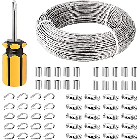 TooTaci 1/8 Wire Rope Kit, 328ft 1/8 Vinyl Coated Stainless Steel Cable with Crimping Loops, Rope Clamps, Thimbles, 7×7 Strands Steel Wire for String Light Hanging, Clothesline, Cable Railing