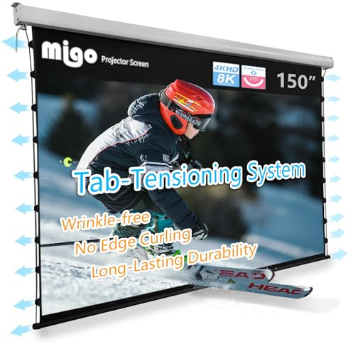 MIGO 150 Inch Pull Down Electric Projector Screen, Grey Crystal 2.0 Gain Partial Ambient Light 4K Tab-Tension Projector Screen Wall & Ceiling Mount for Short Throw Projector Movie Home Theater Cinema