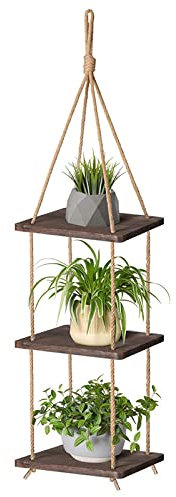 GOODSH 3 Tier Hanging Plant Shelf With Rope Square Wood Wall Floating Shelf Vintage Home Decor Display Planter Rack For Living Room Balcony Bedroom Kitchen