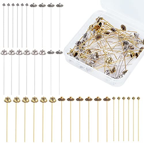 PandaHall 6 Styles Head Pin Nadeln, 60 stücke Kugelkopf Pins Tibetanische Kopfpins Schmuck Kopf Pins Blumenperlen Pins Für Wrapped Loops Ohrring Schmuckherstellung DIY Handwerk