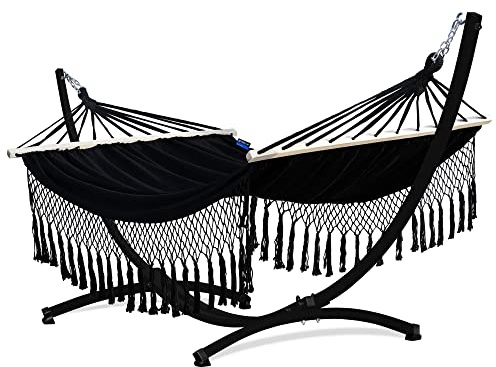 Potenza Outdoor Hängematte mit Gestell für 2 Personen I Stabhängematte XXL 220x160, 200kg I Hängemattengestell 220kg Wetterfest (Santia-Schwarz, Gestell Schwarz)