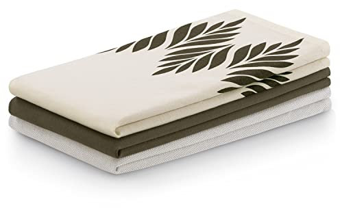 AmeliaHome 3er Set Geschirrtücher Baumwolle Küchentücher 50x70 cm Blätter Muster Letty Beige Braun