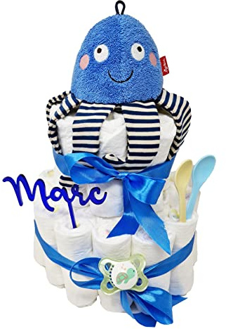 Elfenstall Windeltorte Pamperstorte mit Acryltopper und Schnuller als Geschenk zur Geburt oder Taufe auf Wunsch mit Namen des Babys (Oktopus)