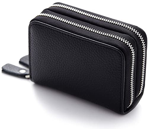 JUVEL Damen Leder Geldbörse - Kreditkartenetui Damen mit Münzfach Doppelreißverschluss 10 Kartenfächer Mini Damen Portemonnaie Münzfach Zipper Brieftasche Kartenhalter für Frauen (Schwarz)