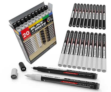 TOOLI-ART Svartvita akrylfärgmarkörer färgpennor set för stenmålning, duk, muggar, metall, glasfärg, tyg, trä, gör-det-själv. Giftfri, snabbtorkande, vattenbas (extra fin)