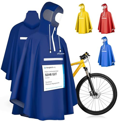 Regenponcho Fahrrad extra wasserdicht und robust - TEST SEHR GUT - Premium Regencape Fahrrad mit Reflektoren, Sichtfenster - Regenbekleidung als Regenponcho Herren und Damen- Regenjacke Dunkelblau XL
