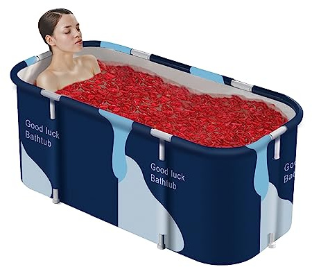 Faltbare Badewanne für Erwachsene 133x64x47cm, Sauna-Dampfbadeeimer, Heiße Dusche und Eisbad, Tragbar Nicht Aufblasbar (Blau-Weiß)