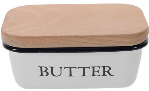 Zerodeko Emaille Butterdose Mit Holzdeckel 6X4X3 Zoll Quadratisch Butterbehälter Und Käseaufbewahrungsbox Für Küche Frischhaltend Staub- Und Insektenschutz