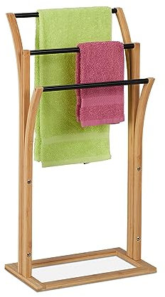 Relaxdays Handtuchhalter, Bambus, 3 versetzte Stangen, H x B x T: 82 x 42 x 24 cm, Handtuchständer Bad, Natur/schwarz