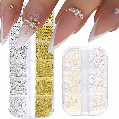 GZMAYUEN Nailart Perlen Micro Kaviar für Nägel, 0.3-3mm Goldene Silber Mini Kaviar Strasssteine, Weiß Beige Mini Nägel Perlen Mikroperlen Dekor für Nägel