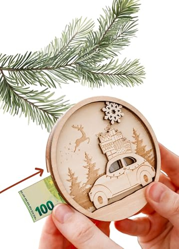 JoliCoon Geldgeschenk Weihnachten, zum Aufhängen am Weihnachtsbaum | Vier Holzschichten, bis zu 3 gefaltete Geldscheine, rote Geschenkschachtel, beschreibbare Rückseite, für Adventskalender